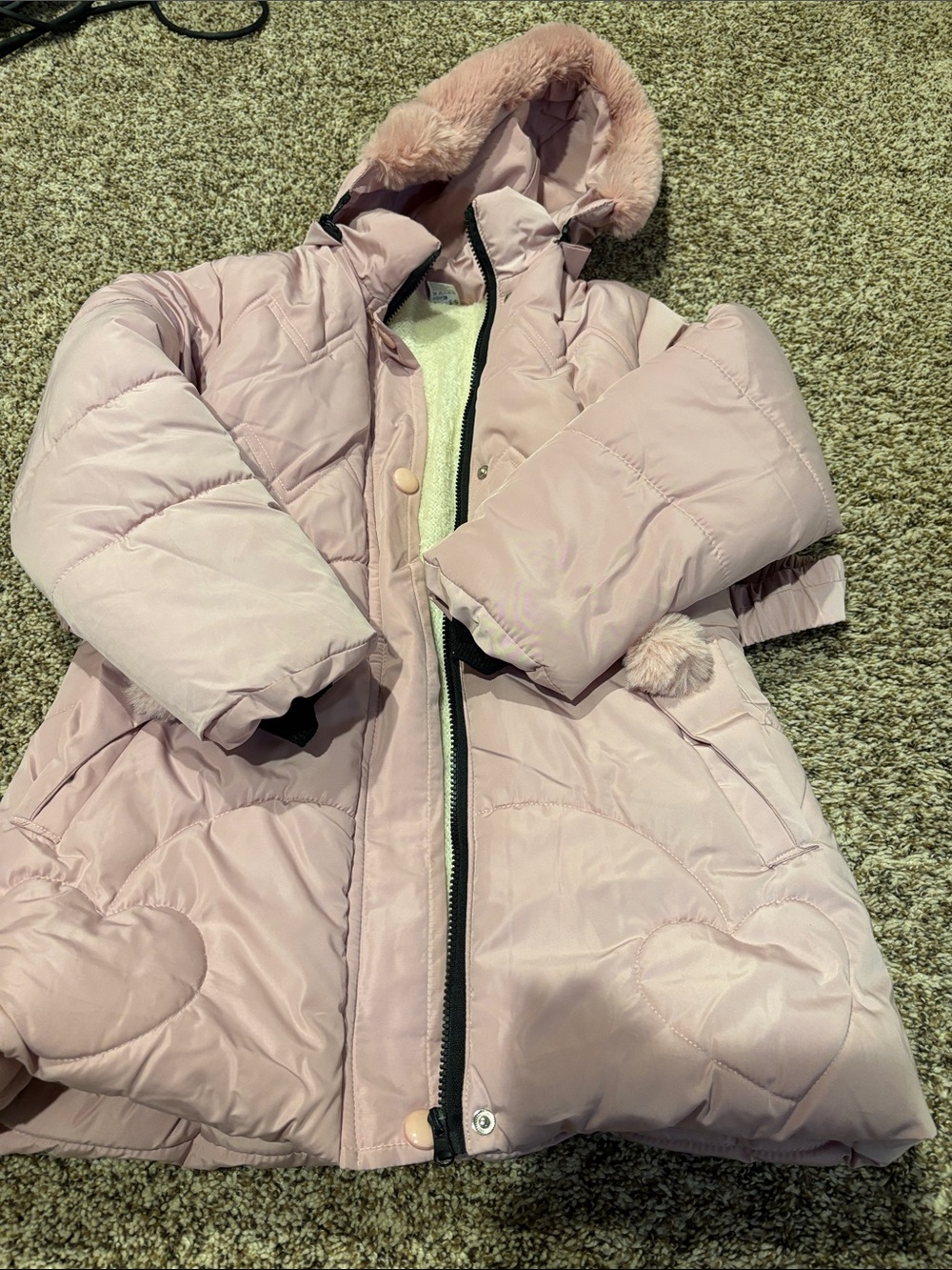Girls' Light Pink Hooded Puffer Coat with Faux Fur Trim
